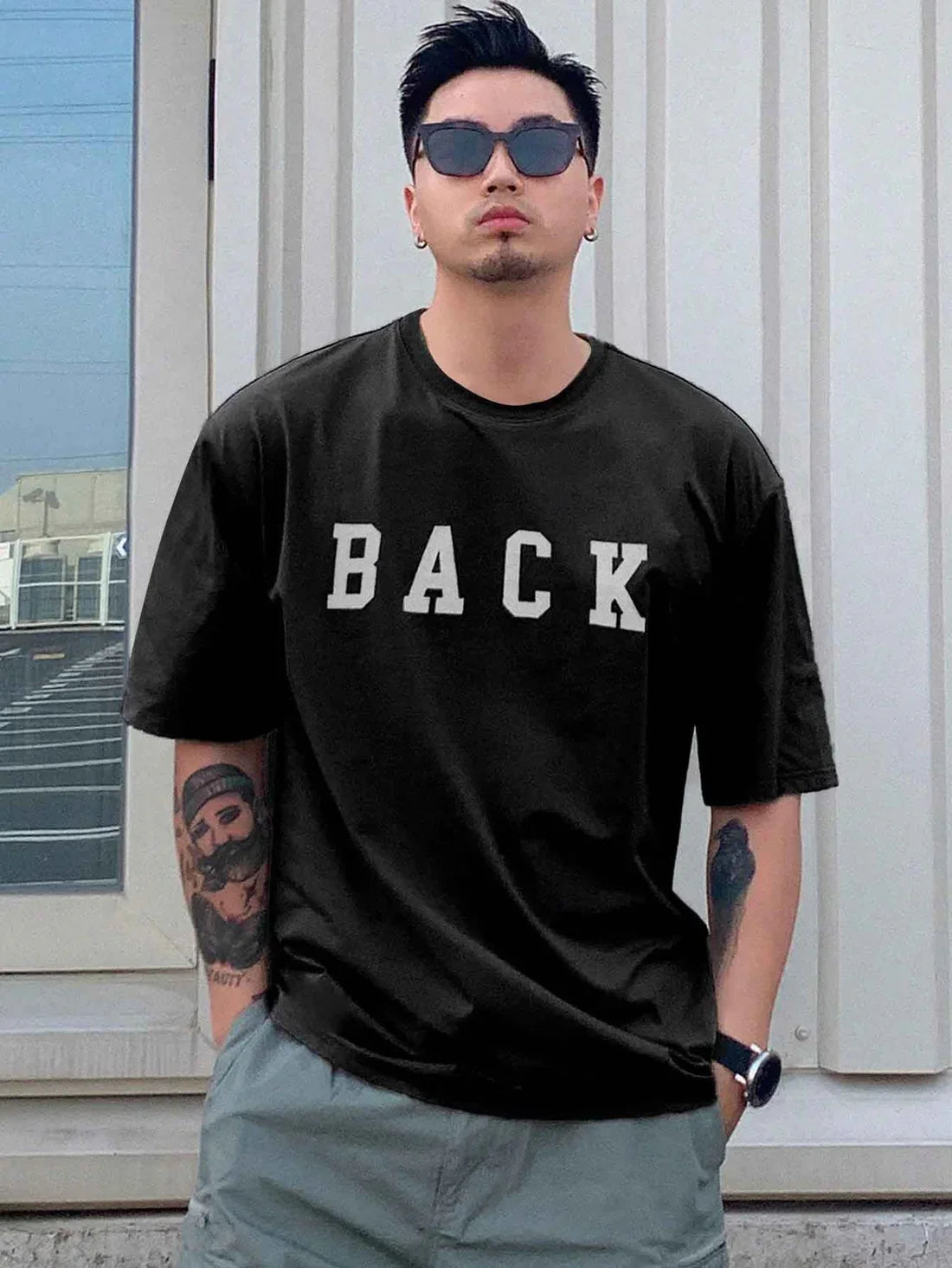 Drop Shoulder T-Shirt - Back Design - Black