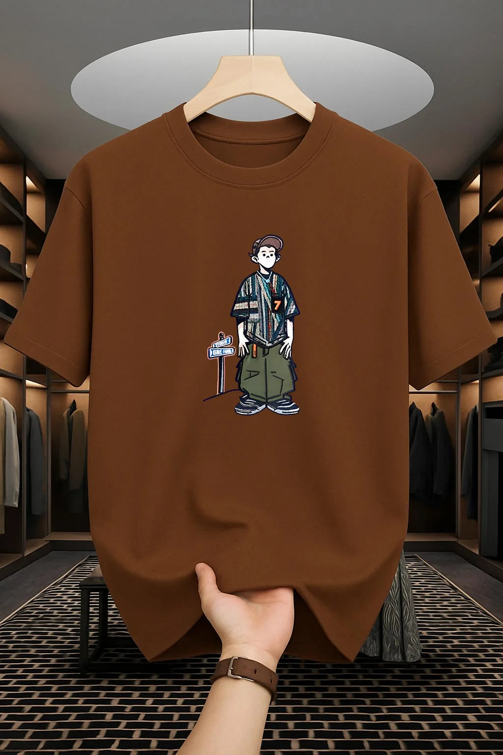 Drop Shoulder T-Shirt - Cartoon Design - Coffee