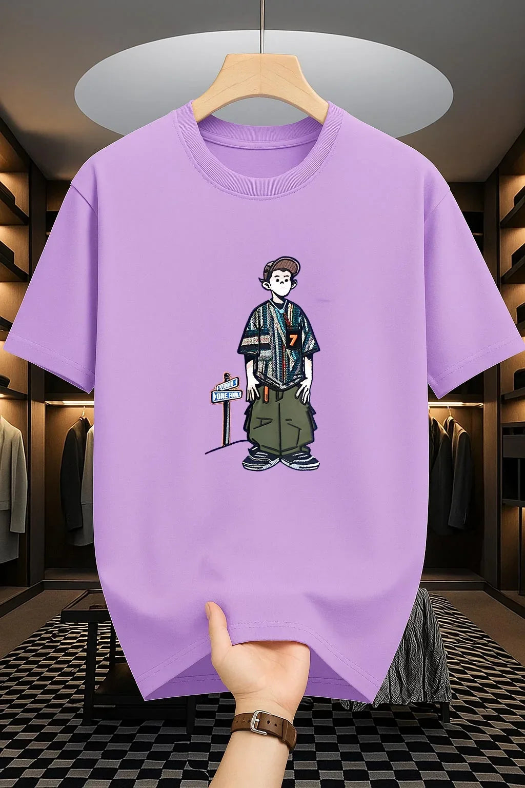 Drop Shoulder T-Shirt - Cartoon Design - Lavender