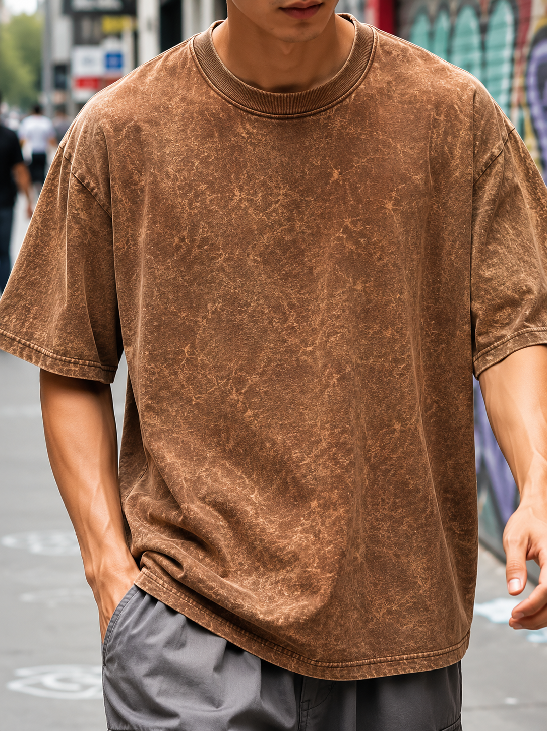 Brown - Acid Wash Drop Shoulder T-shirt