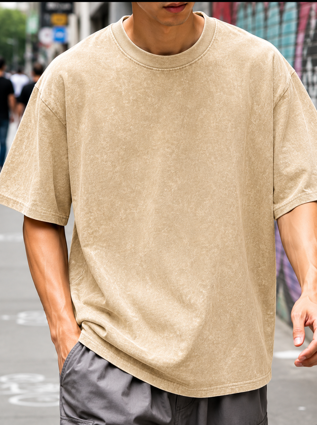 Beige - Acid Wash Drop Shoulder T-shirt