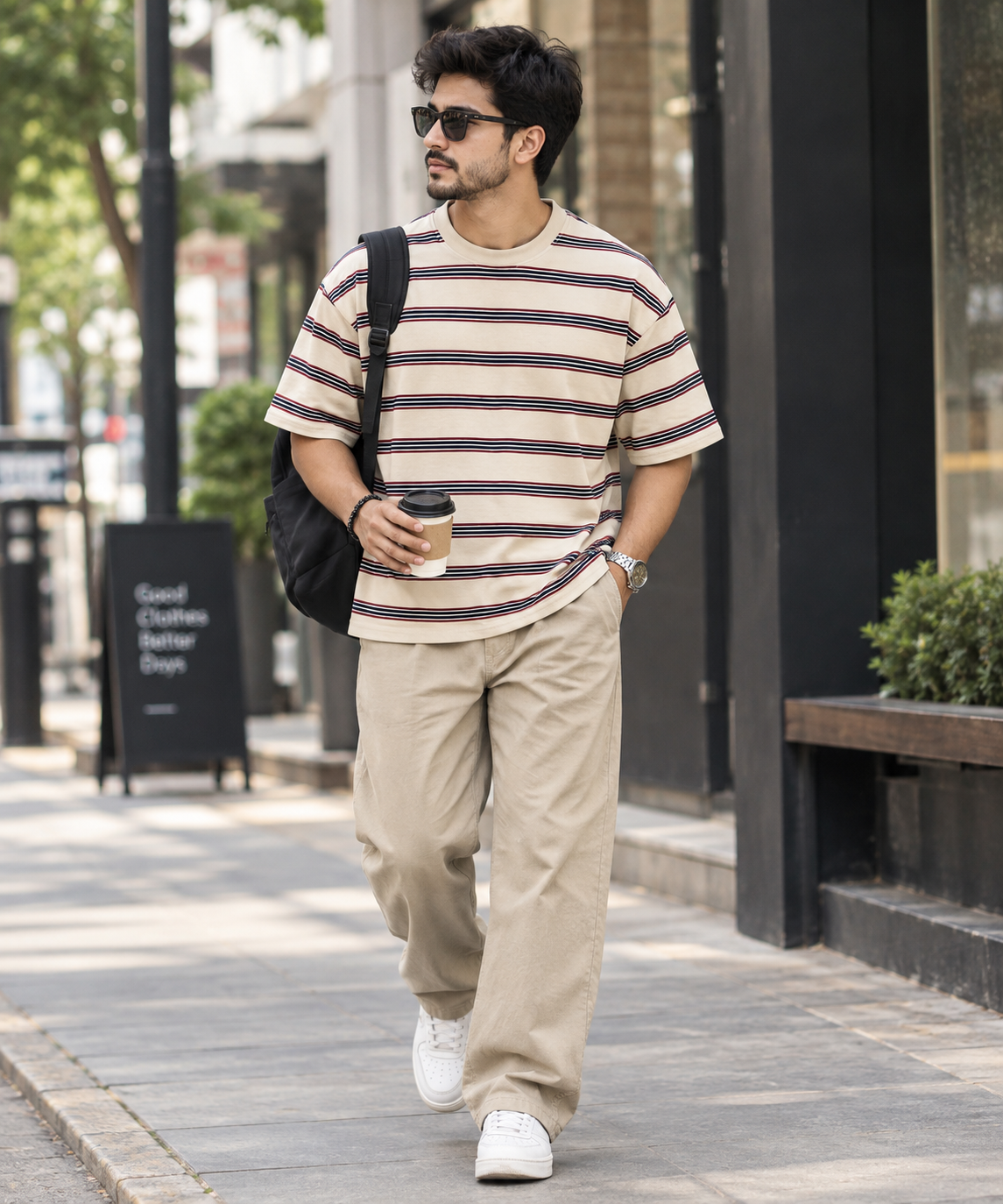 Linear Retro Drop Shoulder Tee - Beige