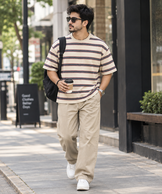 Linear Retro Drop Shoulder Tee - Beige