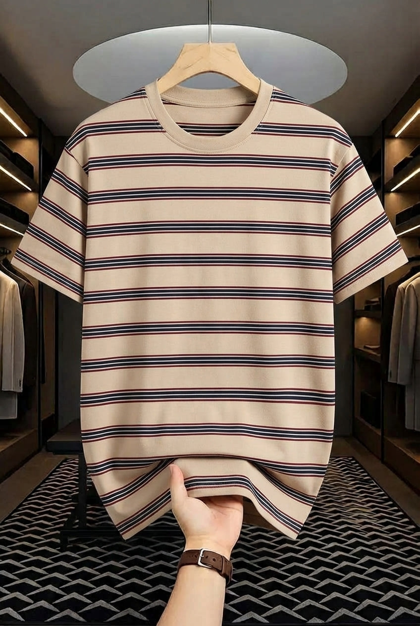 Linear Retro Drop Shoulder Tee - Beige