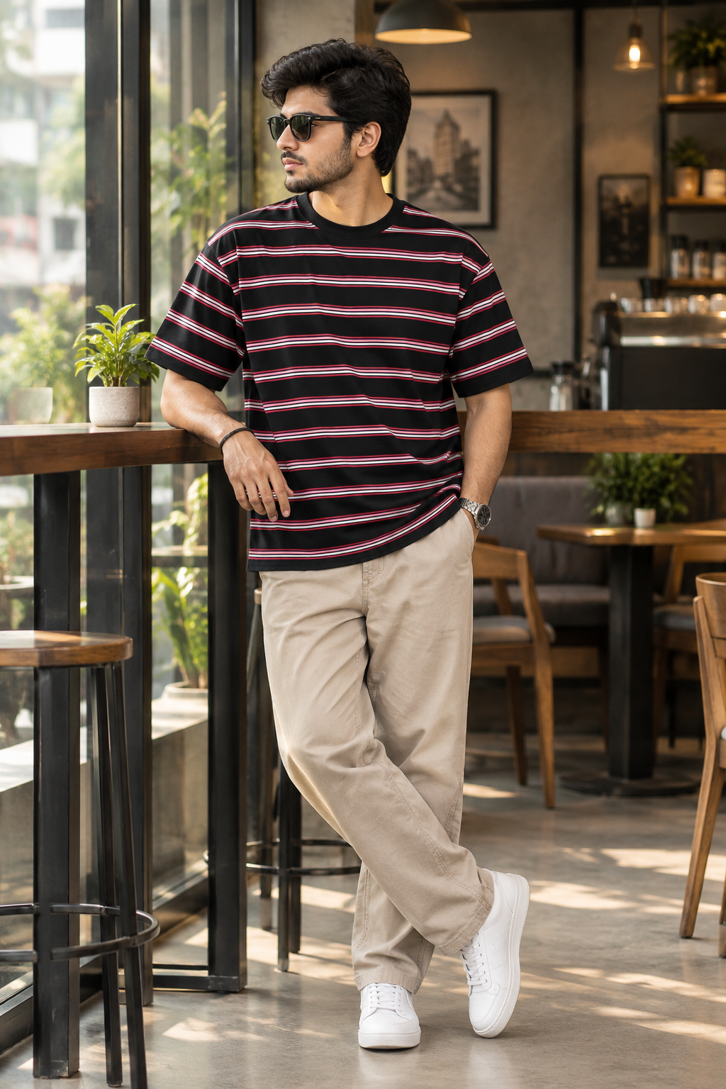 Linear Retro Drop Shoulder Tee - Black