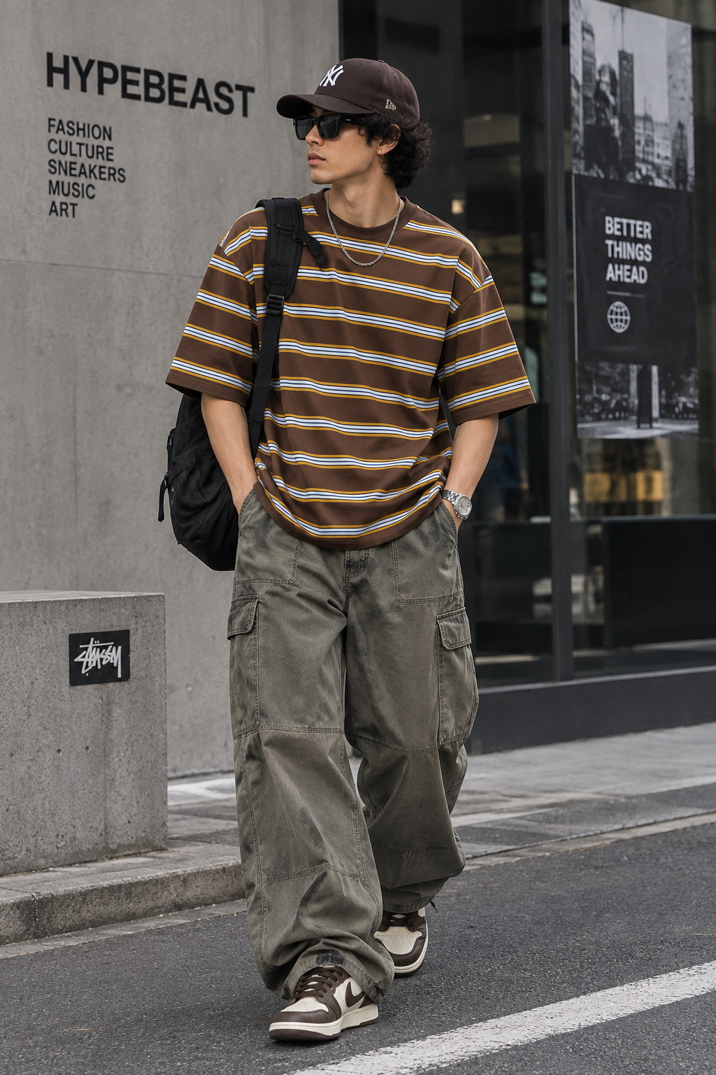 Linear Retro Drop Shoulder Tee - Coffee