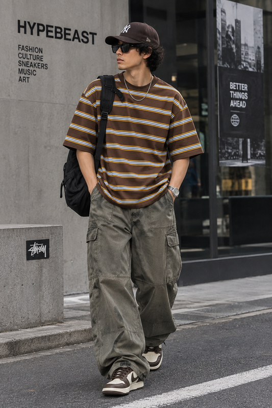Linear Retro Drop Shoulder Tee - Coffee