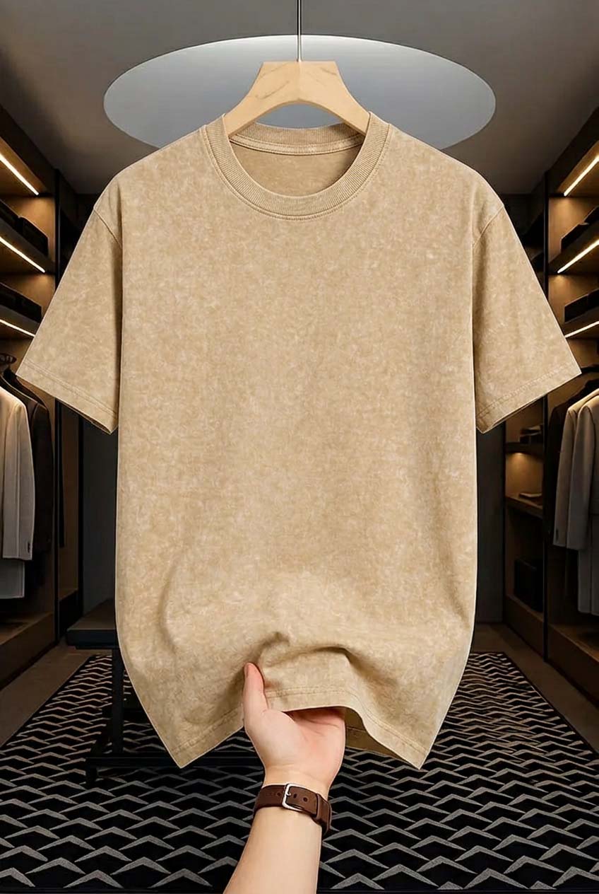 Acid Wash Drop Shoulder T-shirt - Beige