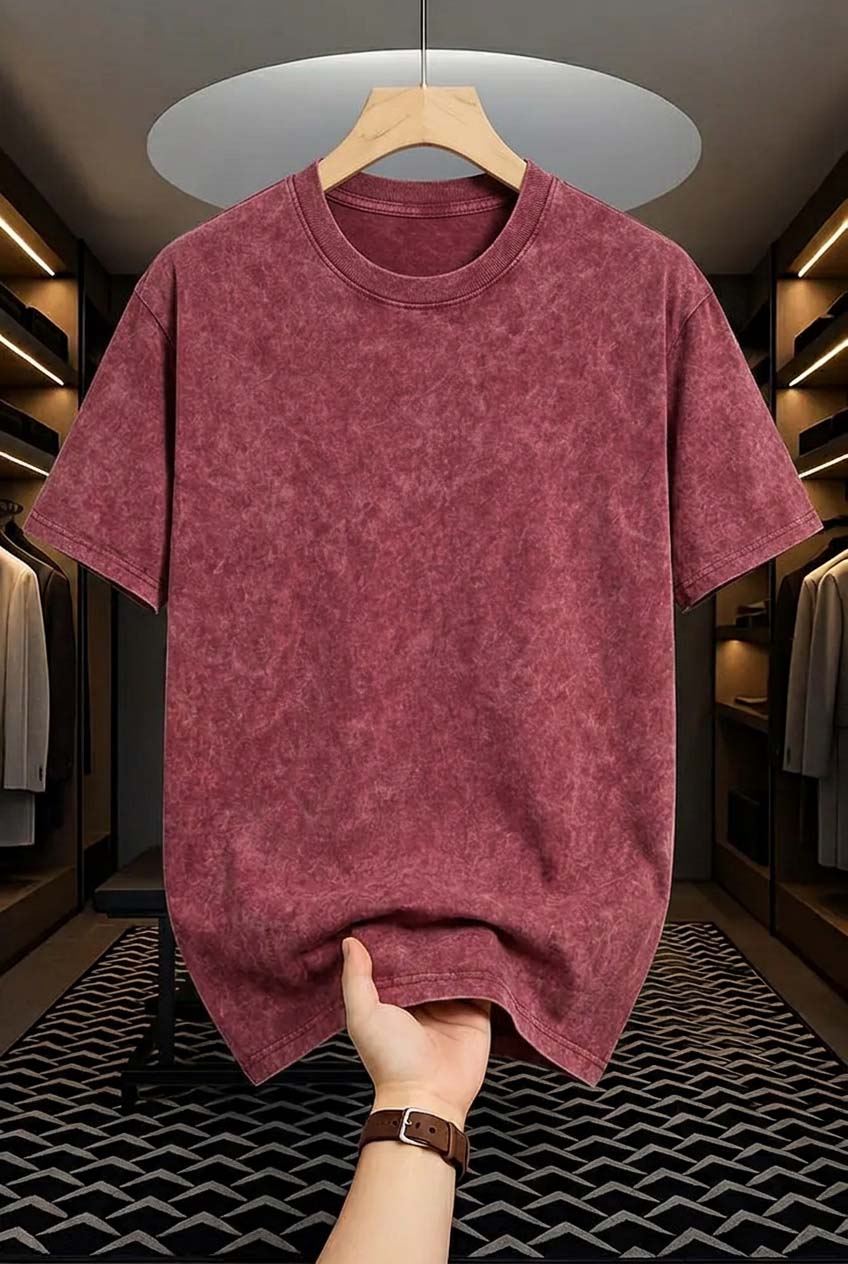 Acid Wash Drop Shoulder T-shirt - Maroon