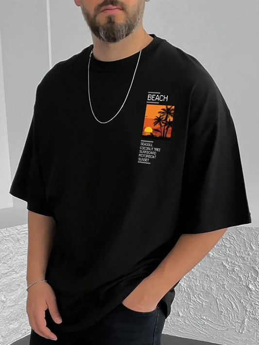Drop Shoulder T-Shirt - Beach Design - Black
