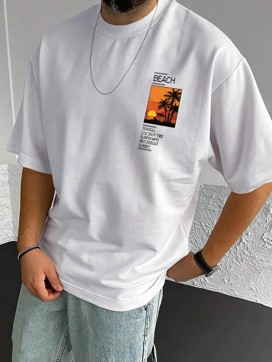 Drop Shoulder T-Shirt - Beach Design - White