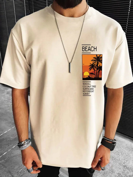 Drop Shoulder T-Shirt - Beach Design - Beige