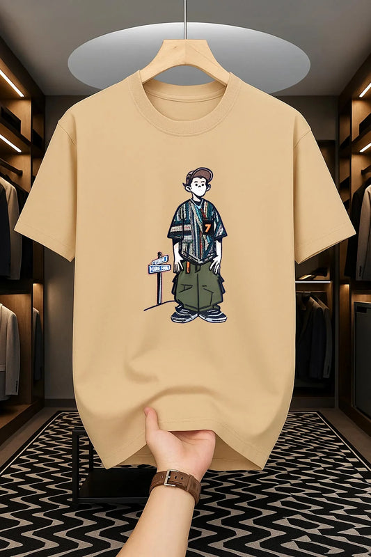Drop Shoulder T-Shirt - Cartoon Design - Beige