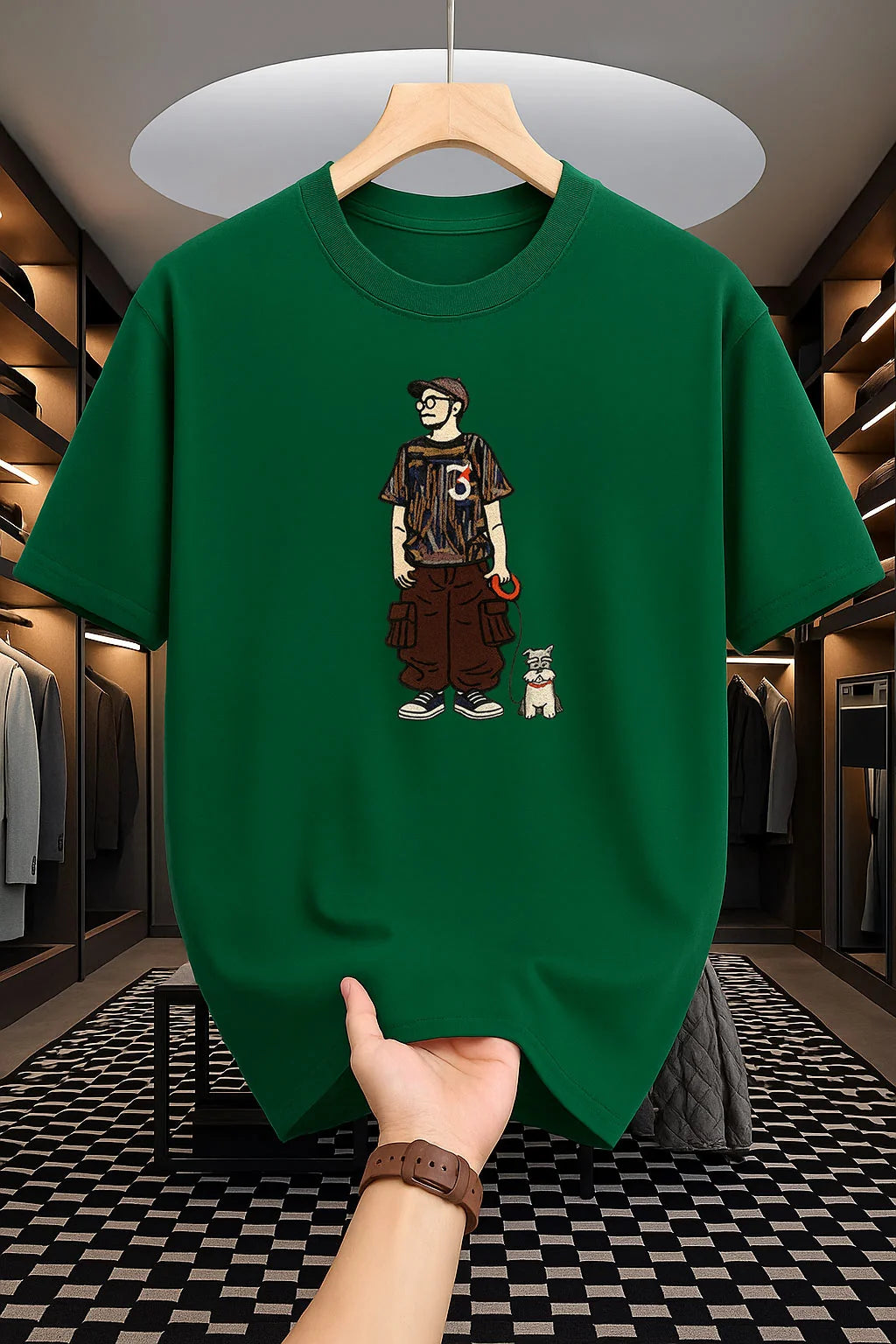 Drop Shoulder T-Shirt - Dog Design - Green