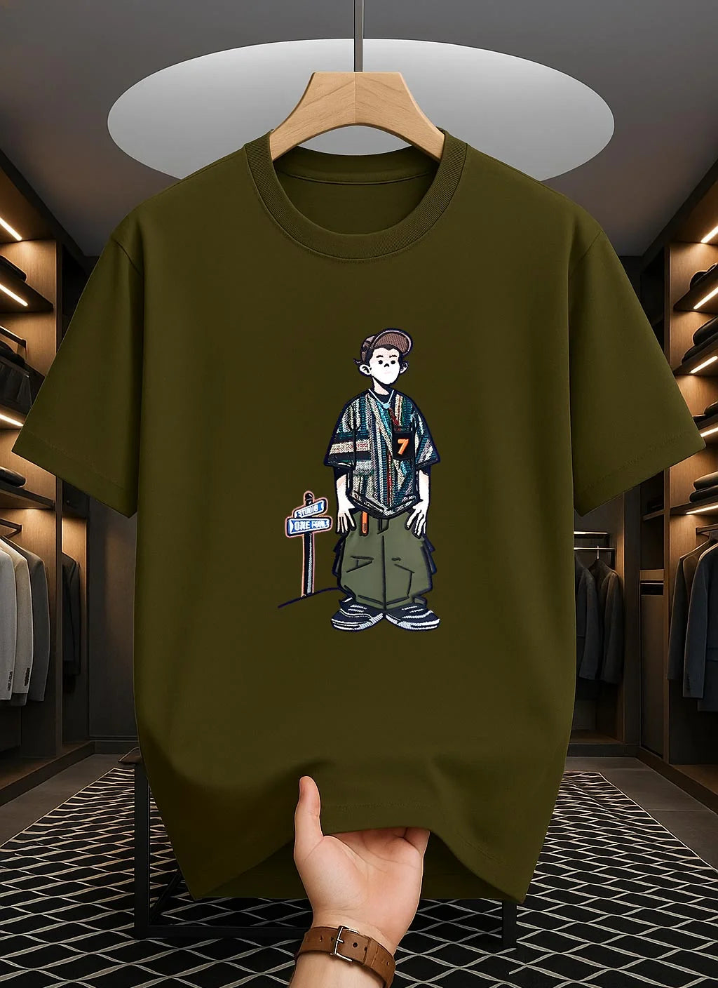 Drop Shoulder T-Shirt - Cartoon Design - Olive