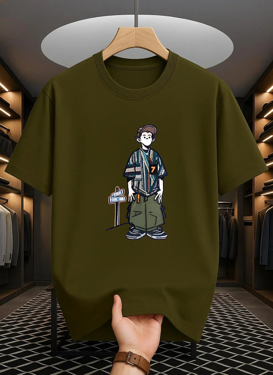 Drop Shoulder T-Shirt - Cartoon Design - Olive