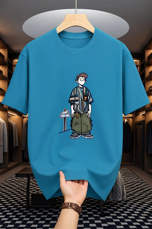 Drop Shoulder T-Shirt - Cartoon Design - Petrol