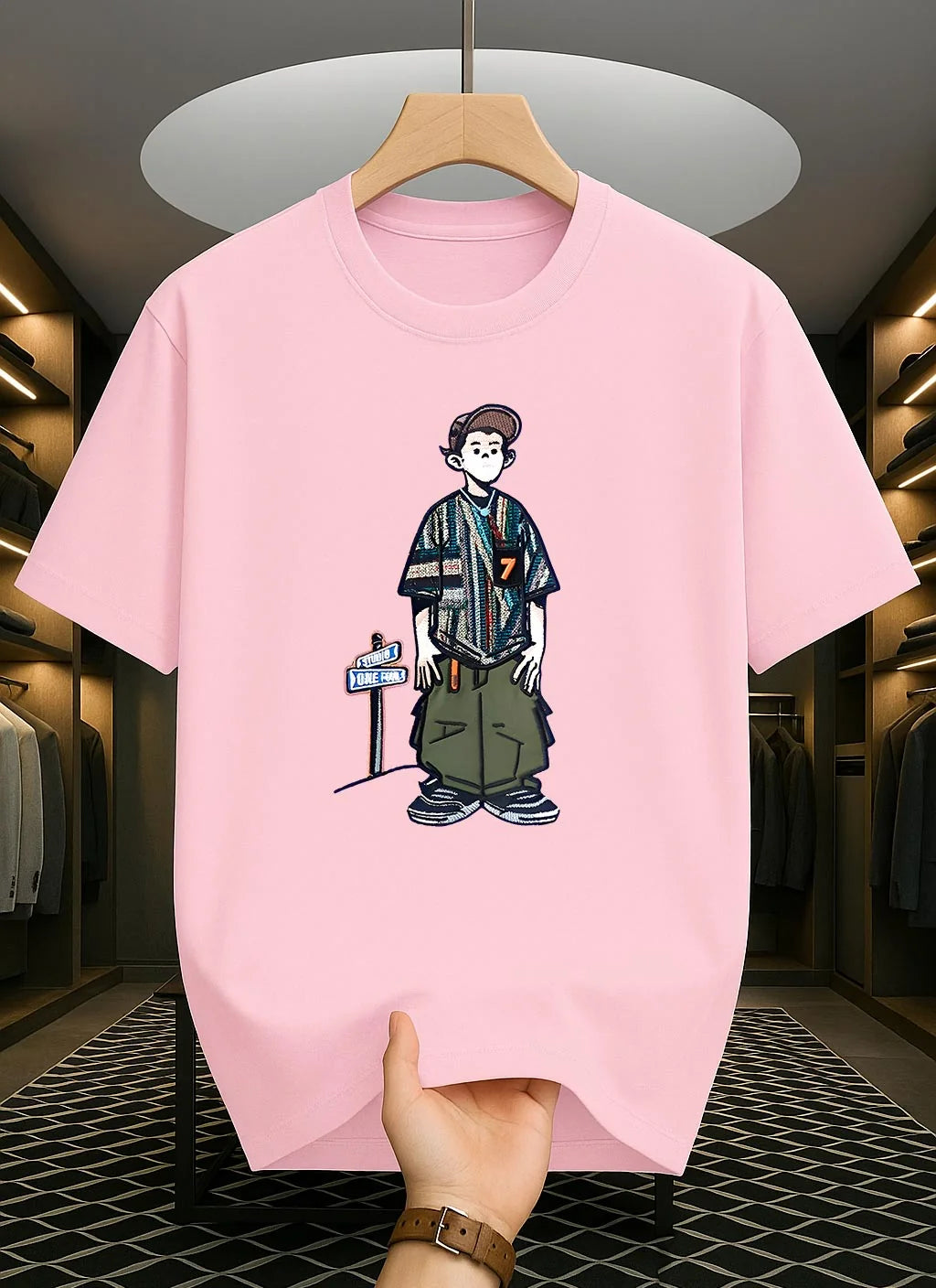 Drop Shoulder T-Shirt - Cartoon Design - Pink
