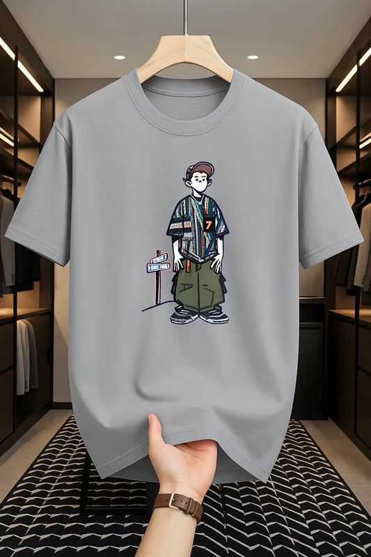 Drop Shoulder T-Shirt - Cartoon Design - SIlver