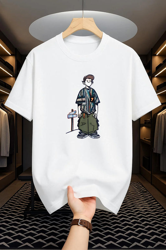 Drop Shoulder T-Shirt - Cartoon Design - White